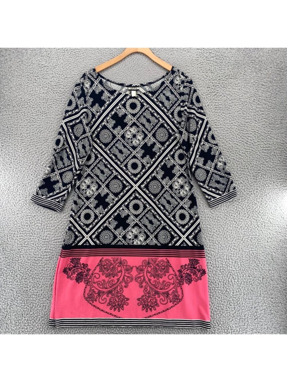 Haani Dress Womens Large Black Pattern Shift Travel Knit Stretch 3/4 Sleeve Mini
